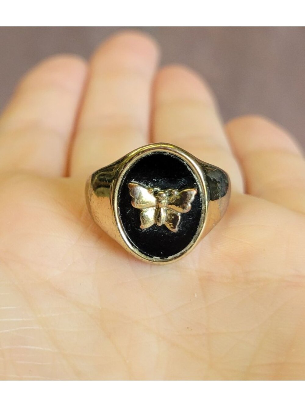 Vintage AVON? Black enamel Butterfly Silver Tone Ring Size 7 R1